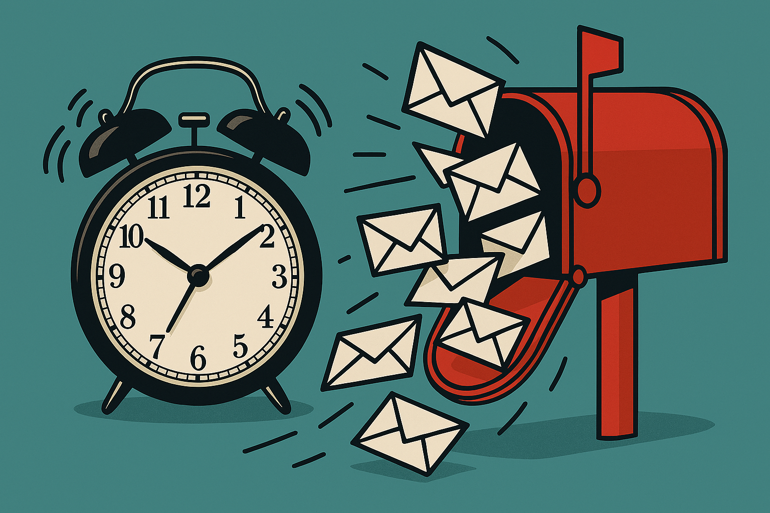 Alarm clock ringing on the left and a red mailbox on the right overflowing with documents