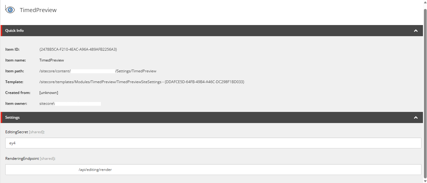 Configuration item for editing secret and rendering endpoints in Sitecore