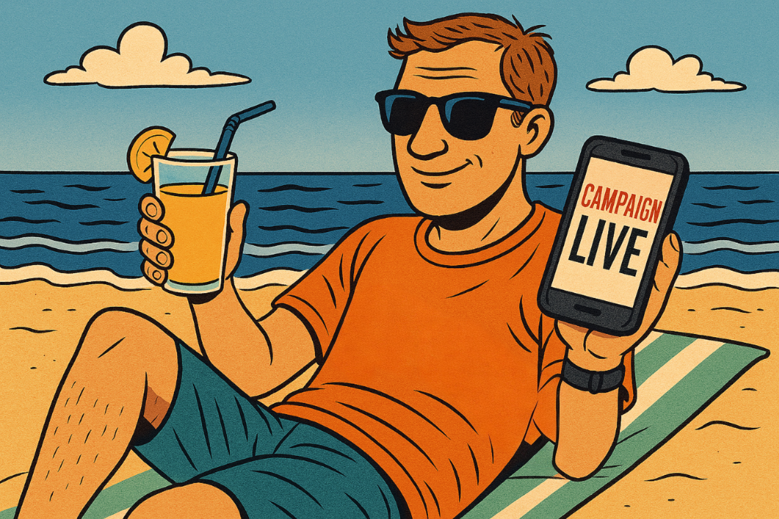 Comic-style illustration of a person relaxing on a beach, holding a drink and checking a smartphone displaying “CAMPAIGN LIVE,” symbolizing a scheduled campaign that successfully went live without issues.