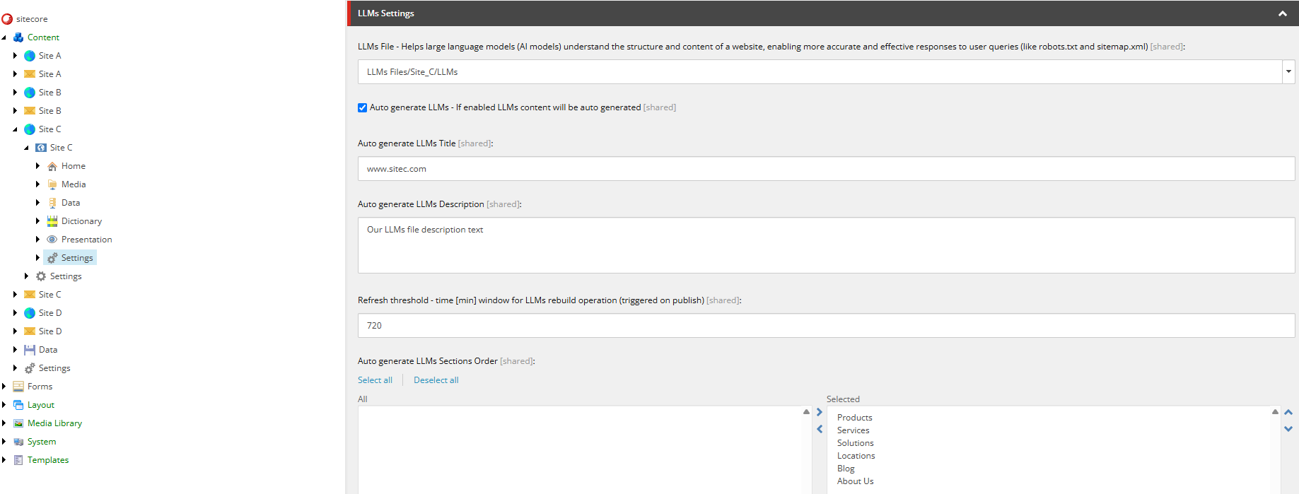 Sitecore settings for configuring llms.txt generation alt text